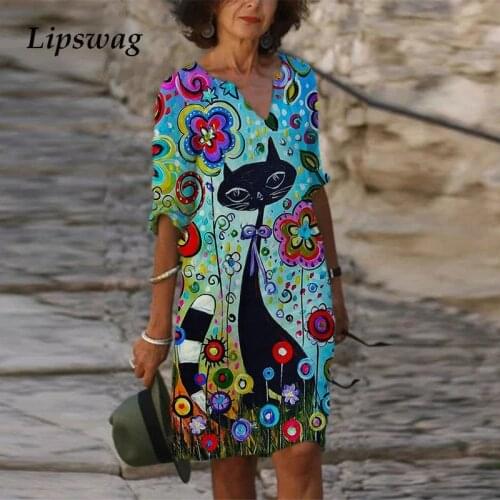 Women Retro Pattern Print Mini Dress Elegant Autumn Long Sleeves V-Neck A-Line Dresses Ladies Casual Loose Dress Vintage Vestido