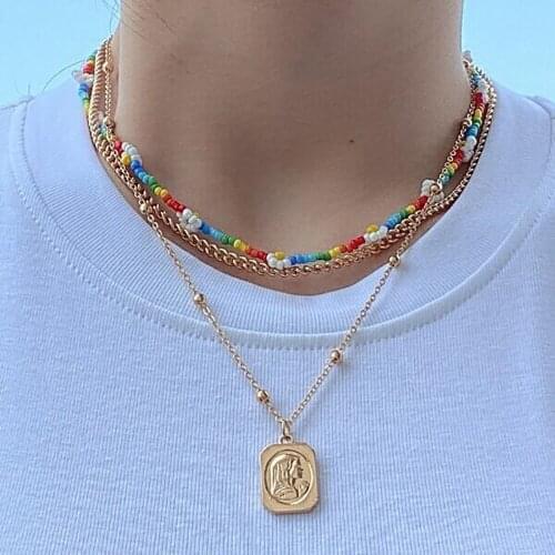 Boho Rainbow Beaded Multilayer Chain Necklace Women Fashion Geometric Rose Flower Pendant Retro Pearls Choker Bohemian Jewelry