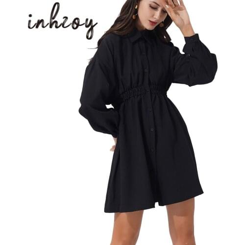 Women Office Lady Elegant Shirts Mini Dress Ladies Long Sleeve Buttons Turn-Down Dresses