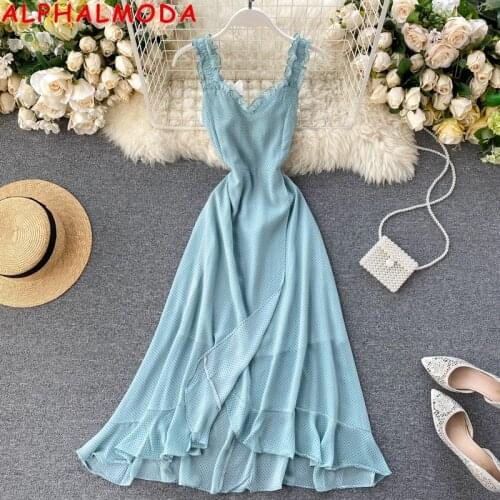 ALPHALMODA 2020 New Arrival Polka Dot Front Slit Ladies Irregular Beach Chiffon Dress Back Binding Women Trendy Holiday Dress