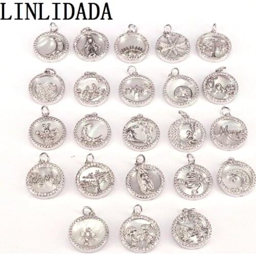 10Pcs Clear CZ Micro Pave Jesus Eye Star Heart Moon on Mother-of-shell Pendant Charm, Silver Color Cubic Zirconia Charm