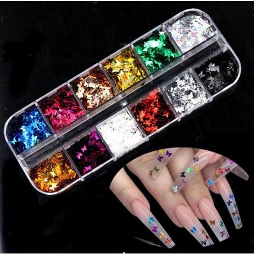 12 Colors 3D Ultrathin Sequins Butterfly Shape Nail Art Glitter Flakes Mixed Mini Sparkly DIY Nail Art Decorations T0021