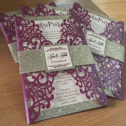 Free DIY 25set wine red invitation card with printed tag,glitter light gold band,envelope with glitter inside