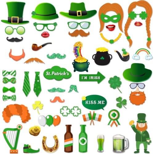 55pcs St Patricks Day Party Decoration Photobooth Props Green Top Hat Shamrocks Paper Cards Ireland Party Supplies