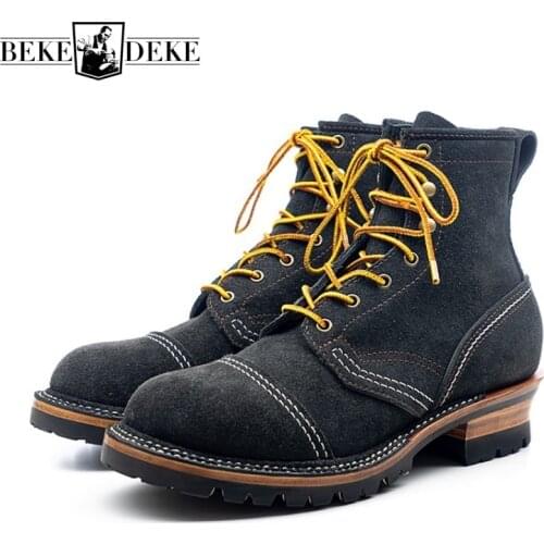 Vintage Cow Suede Handmade Mens Desert Boots Lace-Up Spring Autumn Genuine Leather Round Toe Casual High Top Mid Calf Boots