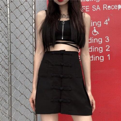 Black Goth Skirt 2020 New Chinese Style Sex Short Skirt Plate Buttons High Waist Vintage Asian Streetwear Gothic Skirts 11594