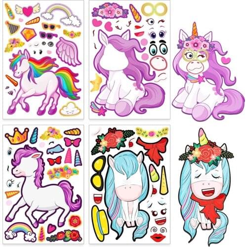 Kids DIY Craft Sticker 4 Sheets Make A Unicorn Face Chidren Girl Boy Birthday Party Gift Assemble Puzzle Sticker Education Toys