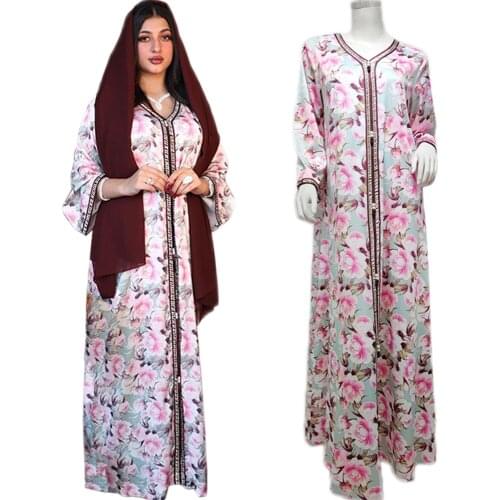 Middle East Muslim Women Hijab Long Dress Abaya Islamic Floral Print Maxi Robe Moroccan Ethnic Turkey Caftan Ramadan Arabic New