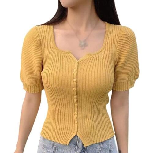 EFINNY Women Knitted T-shirt Short Sleeve Shirt Puff Sleeve Tops White Crop Top 2021 Casual T-Shirt Top