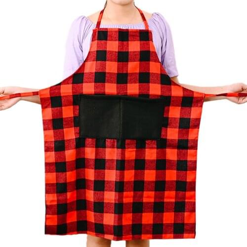 Adults Apron Unisex Christmas Plaid Overall Front Pockets Long Straps Plaid Halter Apron for Chef Waiter Household Cleaning Tool