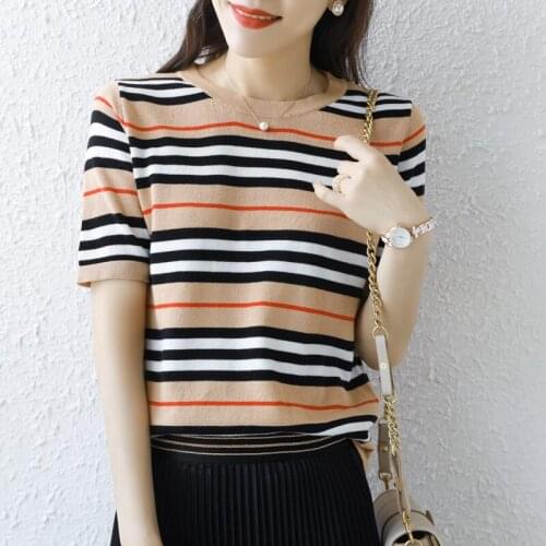 Oversized T-Shirt Spring Summer Short-Sleeved O-Neck Striped Pullover Tops Slim Knitted Bottoming T-Shirts Plus Size Ropa Mujer