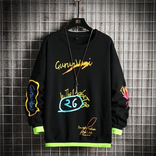 GlacialWhale Graffiti Crewneck Sweatshirt Men Autumn Print Oversized Hip Hop Japanese Streetwear Black Hoodie Men Sweatshirts
