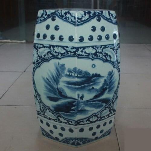 Jingdezhen Ceramic stool Handpainted Ancient Blue And White Cloth Hexagonal stool Porcelain Balcony Bathroom art home stool