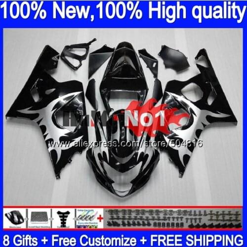 Body For SUZUKI GSXR 600 750 CC GSX R750 K4 GSX-R600 15MC.7 GSXR-750 GSXR600 04 05 GSXR750 2004 2005 04 05 Fairing Silver flames