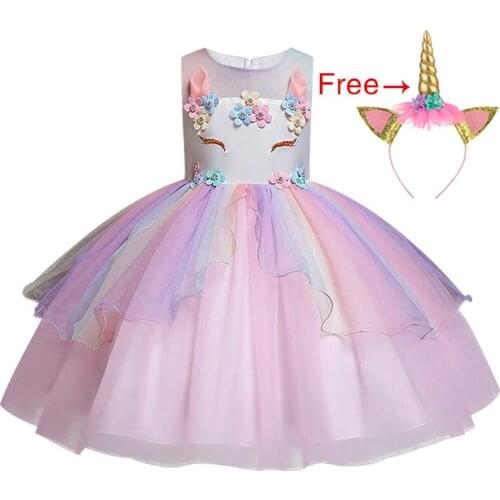 Baby Girls 3D Unicorn Beading Floral Mesh Lace Tutu Sleeveless Dresses Princess Kids Cosplay Flower Party Dress Size 2-10T