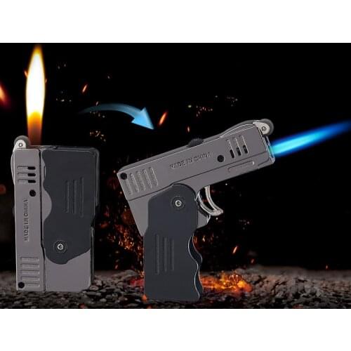 Metal Two Fire Spray Gun Deformation Pistol Butane Gas Lighter Fire Jet Torch Windproof Cigarette Flint Grinding Mechero