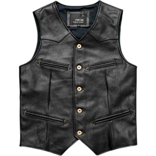 Mens Biker Style Classic Vest Vintage Western Cowboy Genuine Leather Sleeveless Jacket Multi Pocket Casual Leather Waistcoat