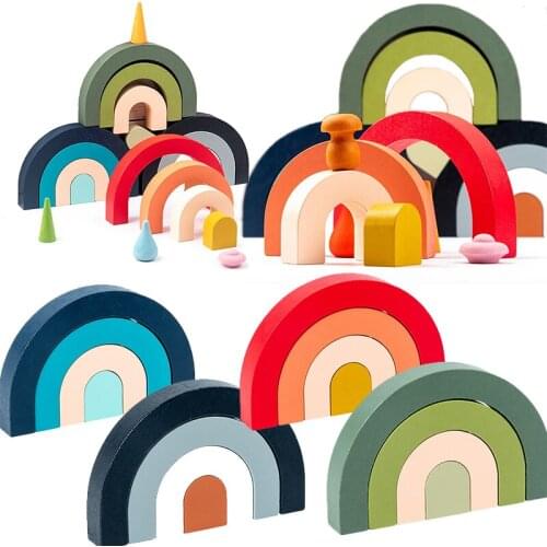 Colorful Wooden Rainbow Arched Stacked Toys Montessori Learning Education Building Blocks Indoor Jenga Game Kids Toys Gifts