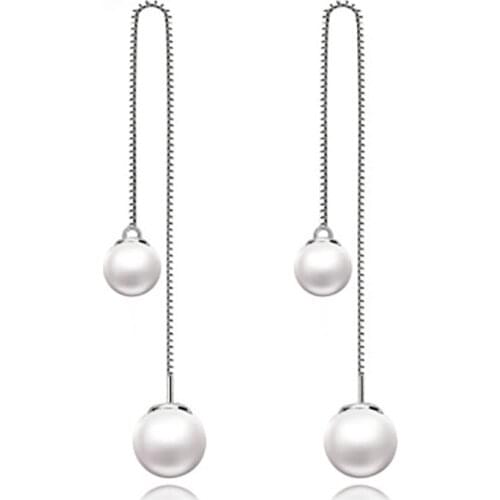 925 Sterling Silver Elegant Double Pearl Long Chain Earrings Ear Line Dangle Earrings For Women Jewelry Gifts S-E87