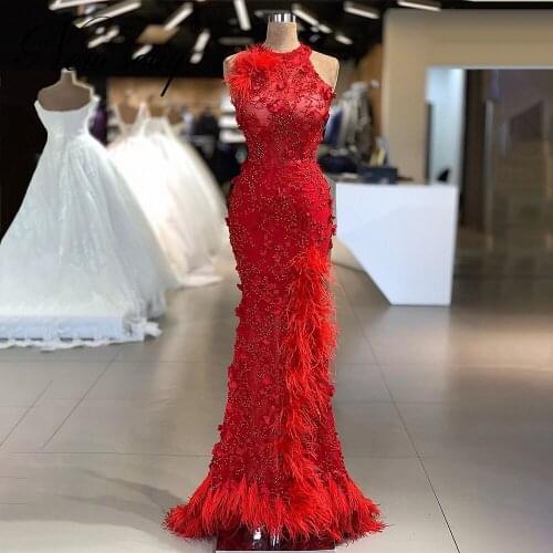 Dubai Red Feathers Evening Dresses 2021 Middle East Beading Prom Dress Evening Wear Long Pageant Gowns Robe De Soiree Turkish