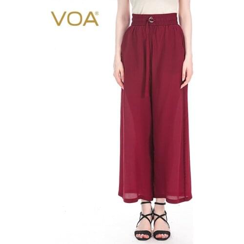 VOA Silk 16m/m Wine Red High Waist Woman Trousers K1937 Elastic Waist Plus Size Wide Leg Pants for Women 2021 Spring Fashion