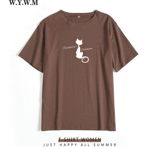 WYWM Summer Letter Cartoon Printed Tshirts Women Korean Harajuku Cute Cat Silhouettes Graphic Tee Loose Short Sleeve Female Tops