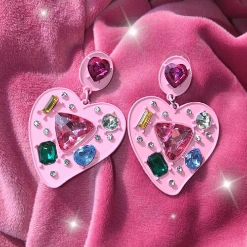 Y2K Jewelry Pink Heart Earrings For Women Metal Harajuku Cool Vintage Colorful Crystal Earring Charms 90s Aesthetic Gifts New
