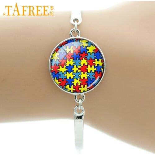 TAFREE Brand Autism Heart bracelet colorful Autism Awareness Jigsaw Puzzle Pieces charms the key to my heart women jewelry T525