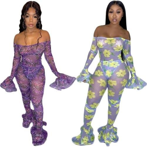 Echoine Sexy Off-Shoulder Printed Perspective Mesh Ruffles Jumpsuits Slash Neck Combinaison Femme Catsuit Bodycon Female Rompers