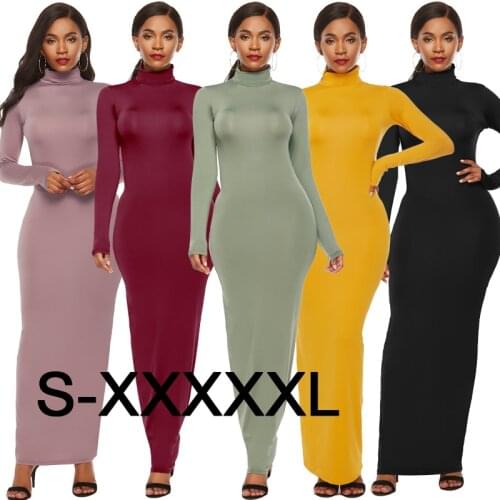 Women Long dress Spring Autumn 2021 New Solid Stretch Slim Long sleeve High Neck Maxi Pencil Dress S-5XL