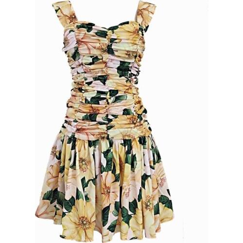 Fashion Summer Camellia Dress Women Spaghetti Strap Floral Print Sundress Ruched Runway Sexy Backless Mini Short Vestidos Yellow