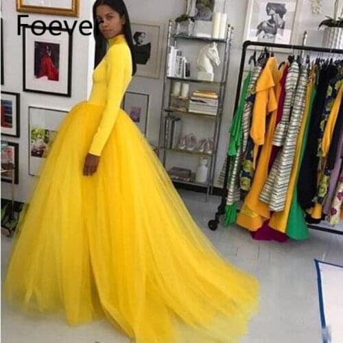 Long Sleeve Muslim Yellow Evening Dresses 2019 High Collar Long Tutu Prom Gowns Saudi Arabic Abendkleider