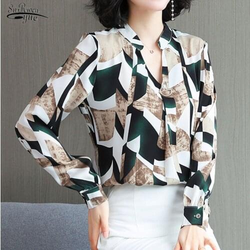 2021 Autumn New Elegant Chiffon Chemisier Femme V-neck Long Sleeve Chiffon Blouse Women OL Western Style Printed Blouse 10465