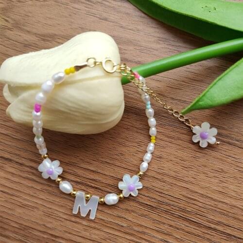 1pc Natural 3-4mm Oval Pearl Beads 6 leaf Purple flower/Daisy Mother of Pearl letters with 925 silver gold Girl Bracelet