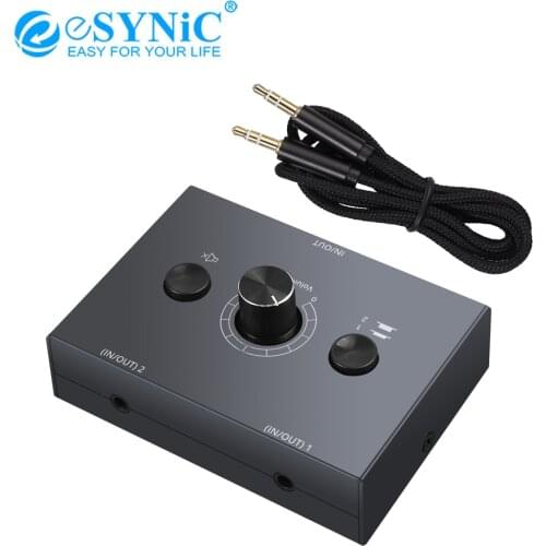 ESYNiC 3.5mm Audio Switch Switcher Splitter 2x1/1x2 Bi-Directional Switcher 2(1)-In-1(2)-Out With Mute Button 3.5mm Audio Cable