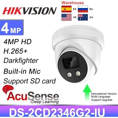 Hikvision IP Camera 4MP DS-2CD2346G2-IU Original Dome Network Camera POE IR 40M AcuSense Darkfighter Built-in Microphone
