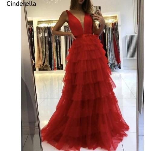 Red Prom Dresses V-Neck Sleeveless Floor Length Sweep Train Tulle Pleated Prom Dresses With Lace Up vestidos de fiesta de noche
