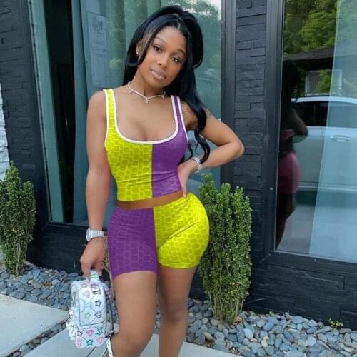Summer Casual Short Tracksuit Women Tank Crop Top and Biker Shorts 2 Piece Set Sportswear Color Patchwork Bodycon Shorts Sets