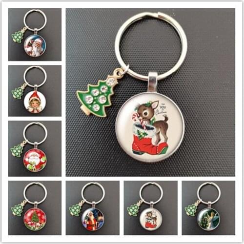 Fashion Merry Christmas Pendent Glass Keychain Santa Claus Key Ring Christmas Bell Key Holder Gift for New Year