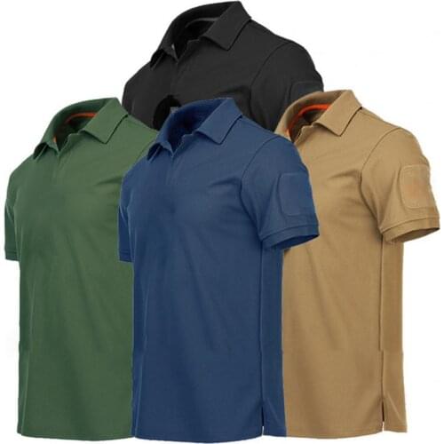Men Military T-shirt Lapel Short Sleeve Solid Buttons Quick Drying Top Outdoor Sports Hiking Training Tactical Tee Men Clothing