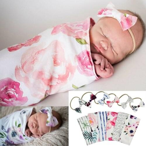Newborn Soft Baby Sleeping Bags Comfortable Cute Animal Printed Swaddle Blanket Sleep Swaddle Muslin Wrap+Headband 2pcs