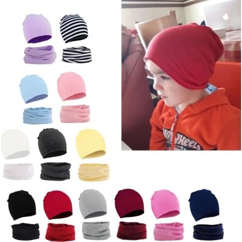 Autumn Winter Cotton Knit Childrens Hat Collar 2Pcs Set Baby Kids Scarf Cap for Boys and Girls for 6 month-2 years old kid