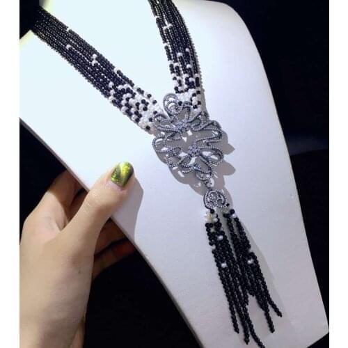 Natural fresh water pearl necklace black stone multi layers geometric cubic zircon pendant necklace tassels 18 inches fashion