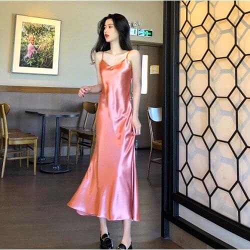 Hi Girl New Slip Dress Vintage Satin V neck Sexy Slim Mermaid Backless Dress A-line Trumpet Summer Basic Long Spaghetti Dresses