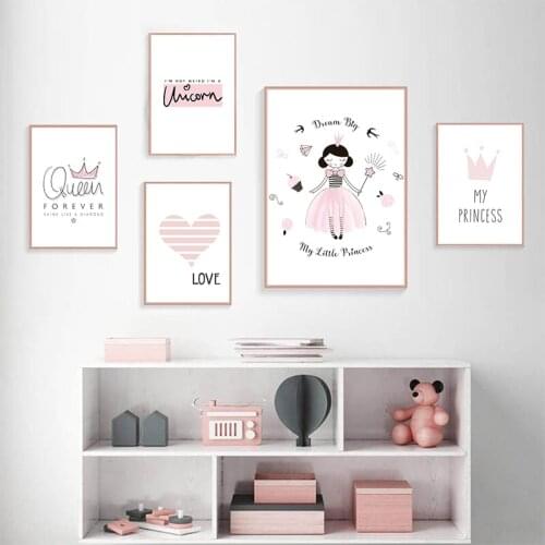 Kids Room Poster Crown Quote Children Poster Baby Room Decor Nursery Wall Art Canvas Painting Prints Pink Girl Bedroom Picture