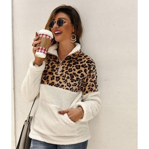 Faux Fur Fluffly Pullovers Zipper Long Sleeve Warm Thickening Winter Stitching Sweatshirts Womens Sweatshirt Leopard