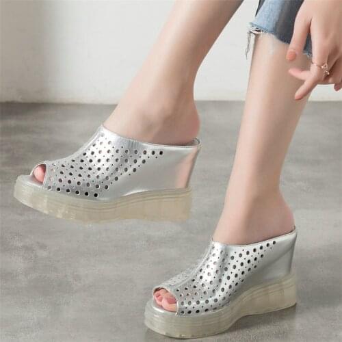 Punk Slippers Women Hollow Genuine Leather Wedges High Heel Gladiator Sandals Female Round Toe Platform Oxfords Shoes Chic Shoes