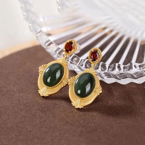 Natural Hetian Jade Green Jade Egg Noodle Stud Earrings S925 Sterling Silver Antique and Ethnic Style Gilding Craft Fashion and