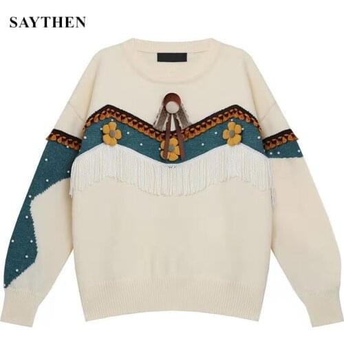 SAYTHEN New Autumn Winter Korean Wind Hit Color Pullover Sweater Woman Loose Thicken Tassel All-Match Knitting Sweater