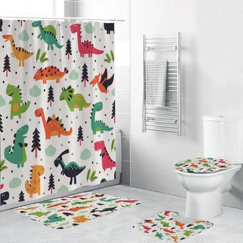 Cartoon Dinosaur Cute Shower Curtain For Children Bath Animal Print 4 Piece Accessories Set Soft Toilet Mat Pad Bathroom Decor